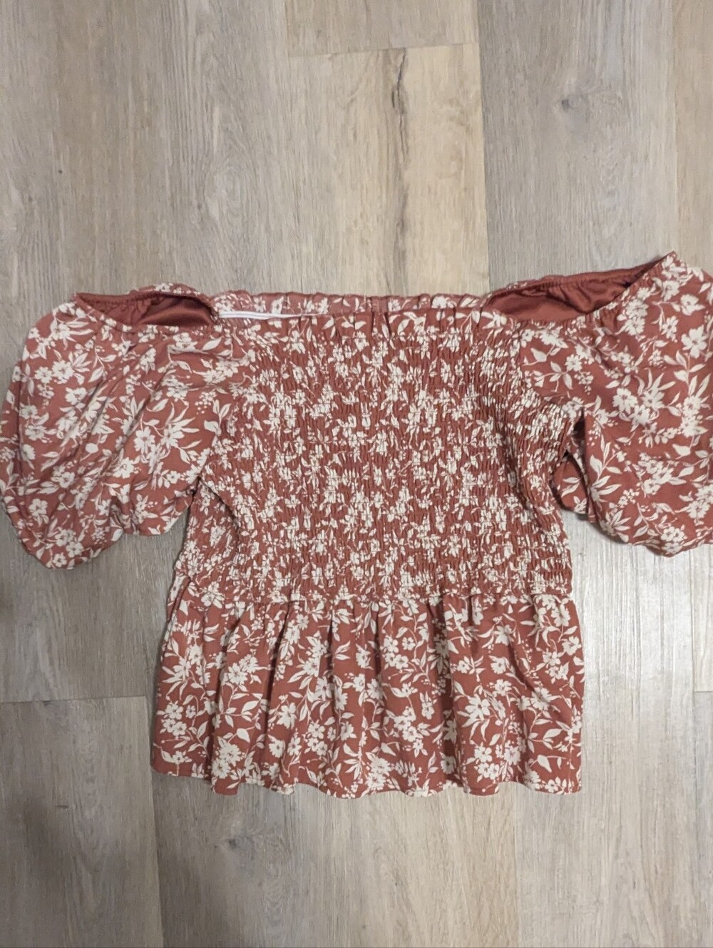 Inspired Hearts Rust Floral Smocked Off-Shoulder Peplum Top